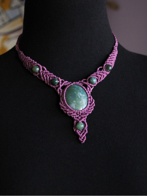 Licornerie: Handmade Green Moss Agate Pink Collar Necklace - Artisan